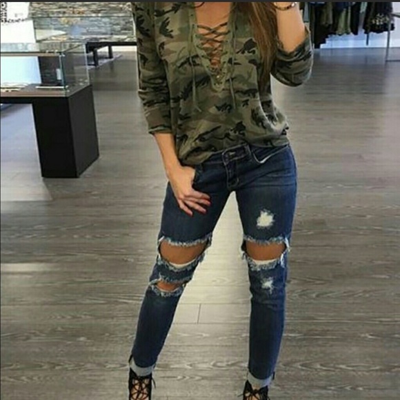 Chic Me Tops - Chic Me Army green Camouflage Print Lace Up Top